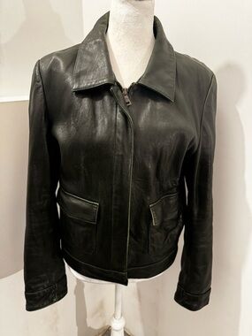 Vintage Dark Green Leather Jacket - Women's Zip Front